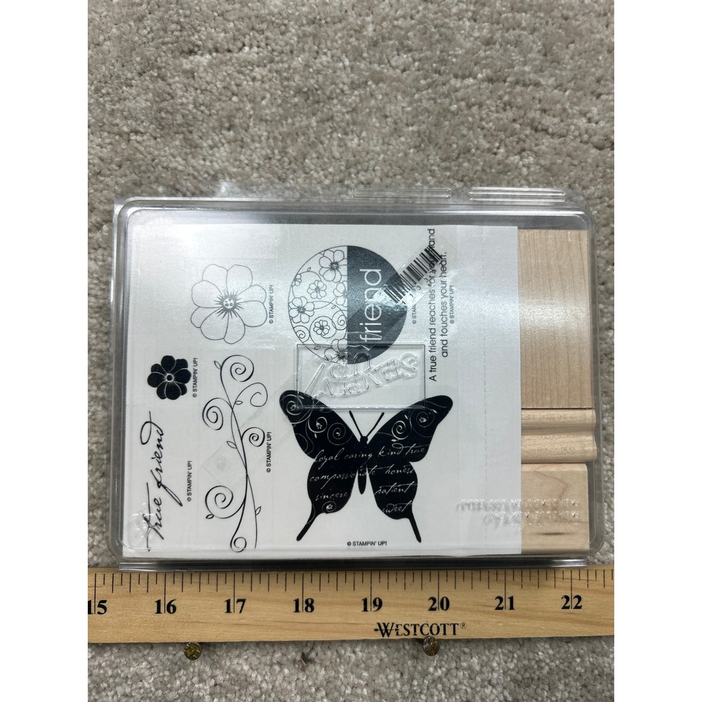 Stampin Up Simple Friendship Rubber Stamp Set Wood Mount Butterfly Floral 7pc